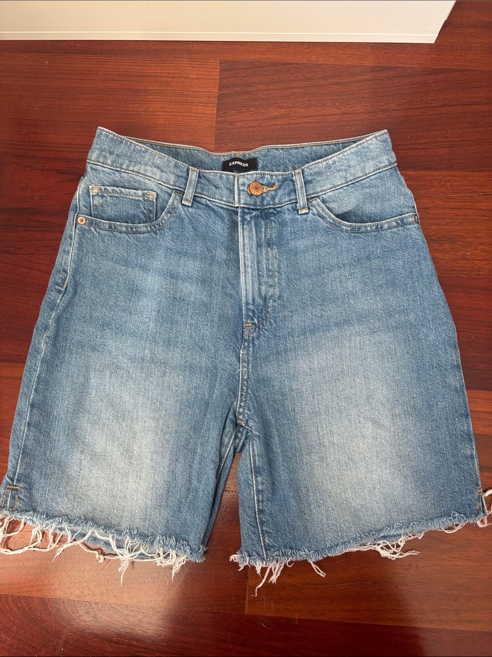 Express Light Blue Frayed Denim Shorts